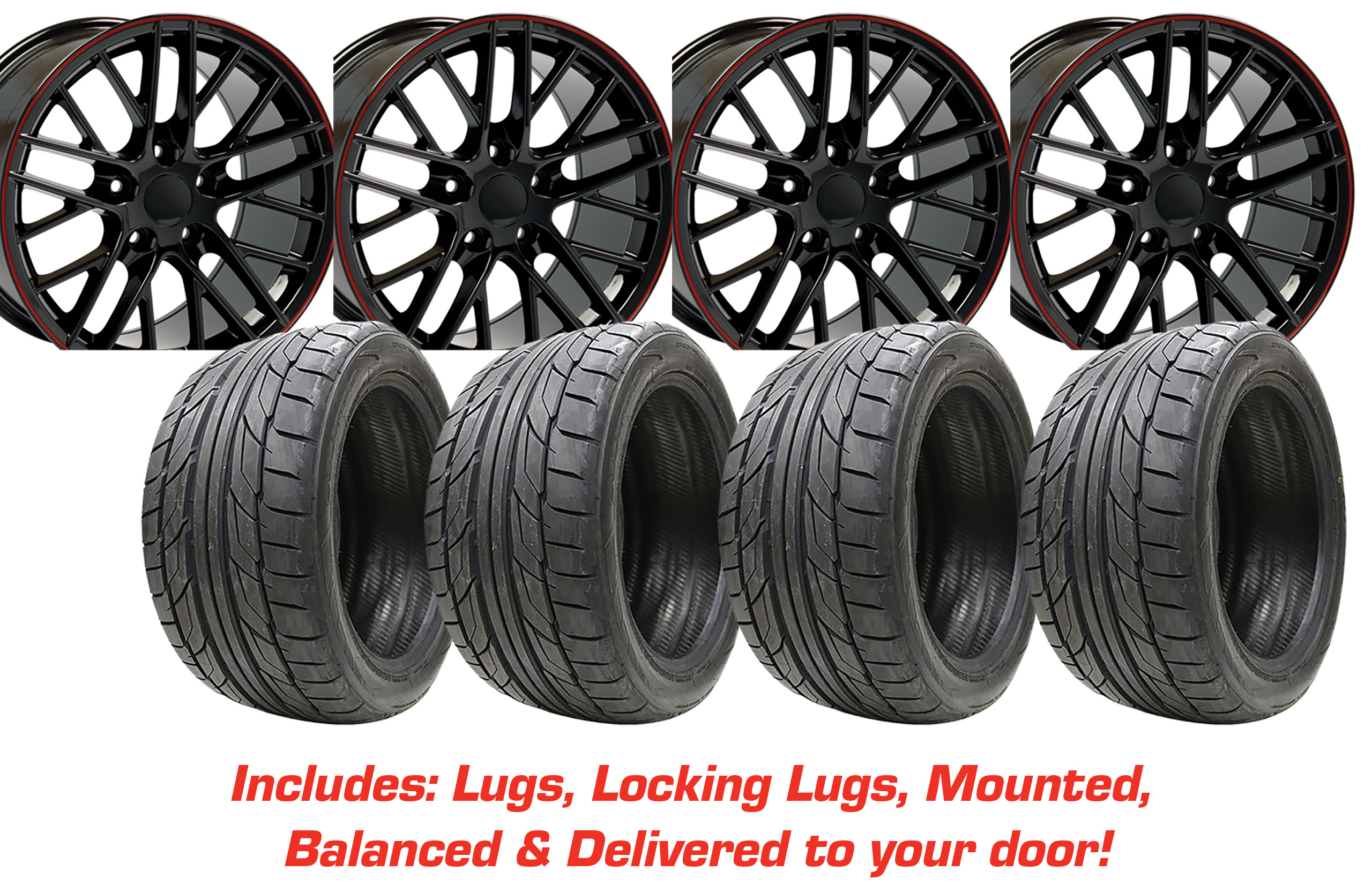 57155 Tire/Wheel Pkg C6 Z06 Black Wheel Set W/Red Stripe On Nitto Tires For 88-96 Corvette